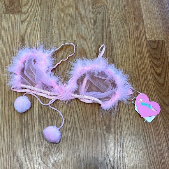 sugar thrills Dolls Kill baby pink sheer triangle playful faux fur bikini top sm - Picture 1 of 4
